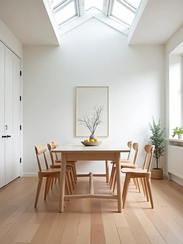 Airy Scandinavian dining area with pale vinyl floors and white walls