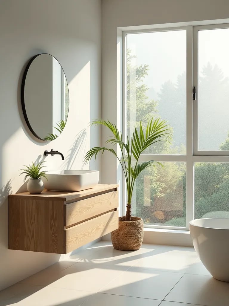 Airy Scandinavian style bathroom featuring floating wood vanity