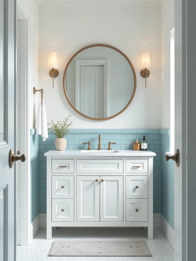 Airy bathroom featuring white vanity with blue tile and round mirror