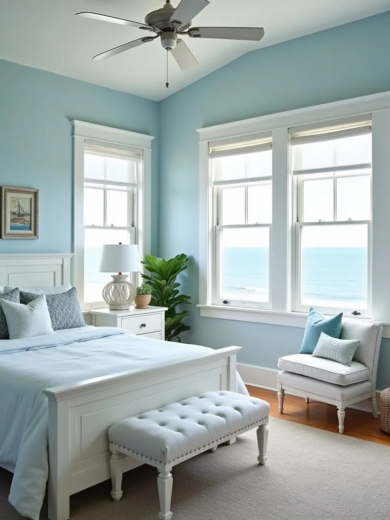 Airy bedroom with satin blue walls, white wainscoting, and ocean views