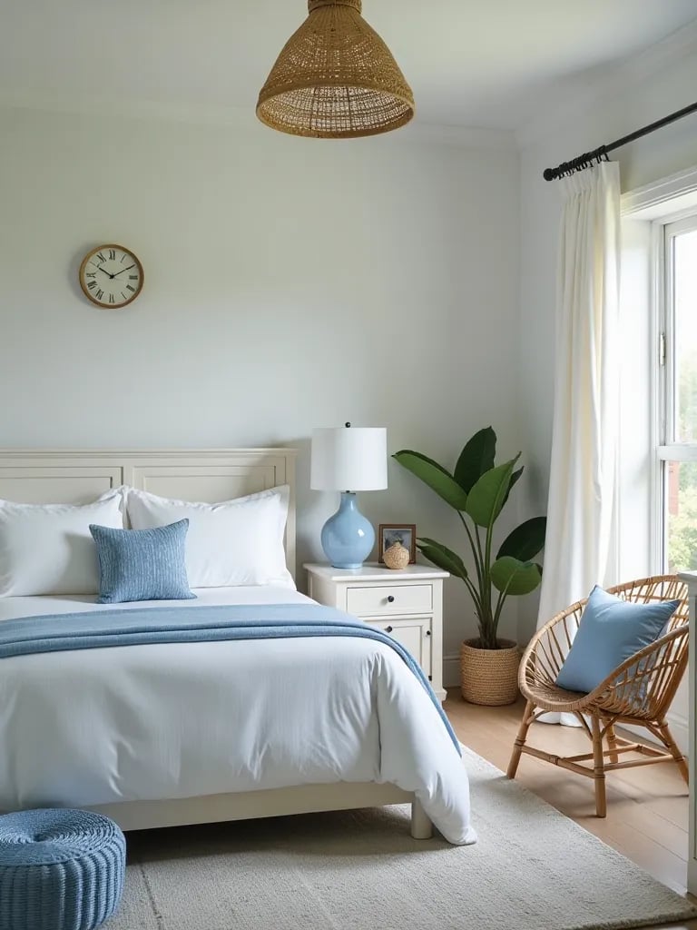 Airy coastal themed bedroom with whitewashed furniture and blue accents