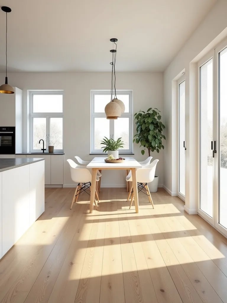 Airy dining room featuring light oak laminate floors and white furniture