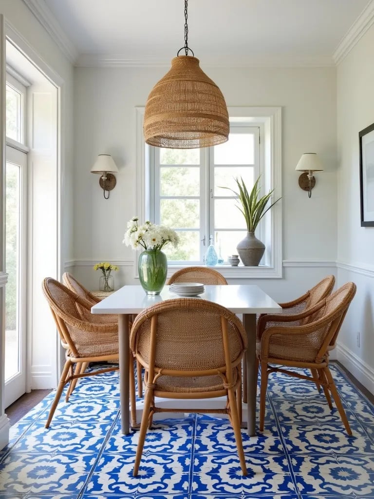Airy dining space featuring vibrant blue tile flooring and rattan furniture