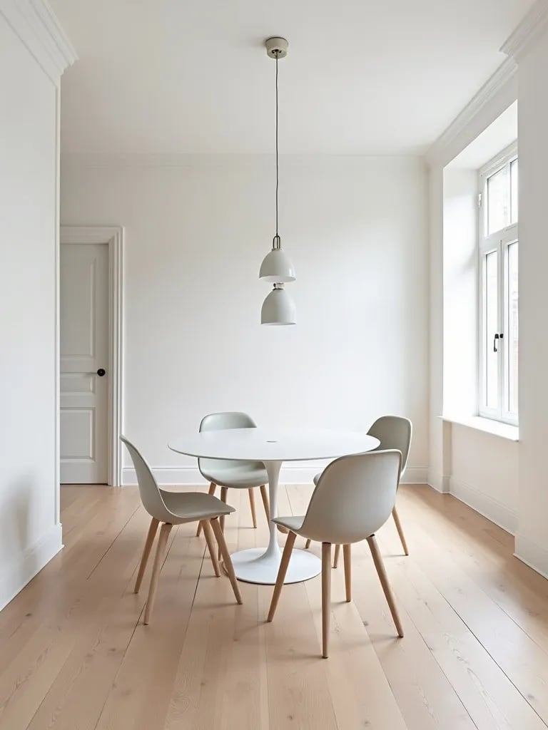 Airy dining space featuring whitewashed ash floors