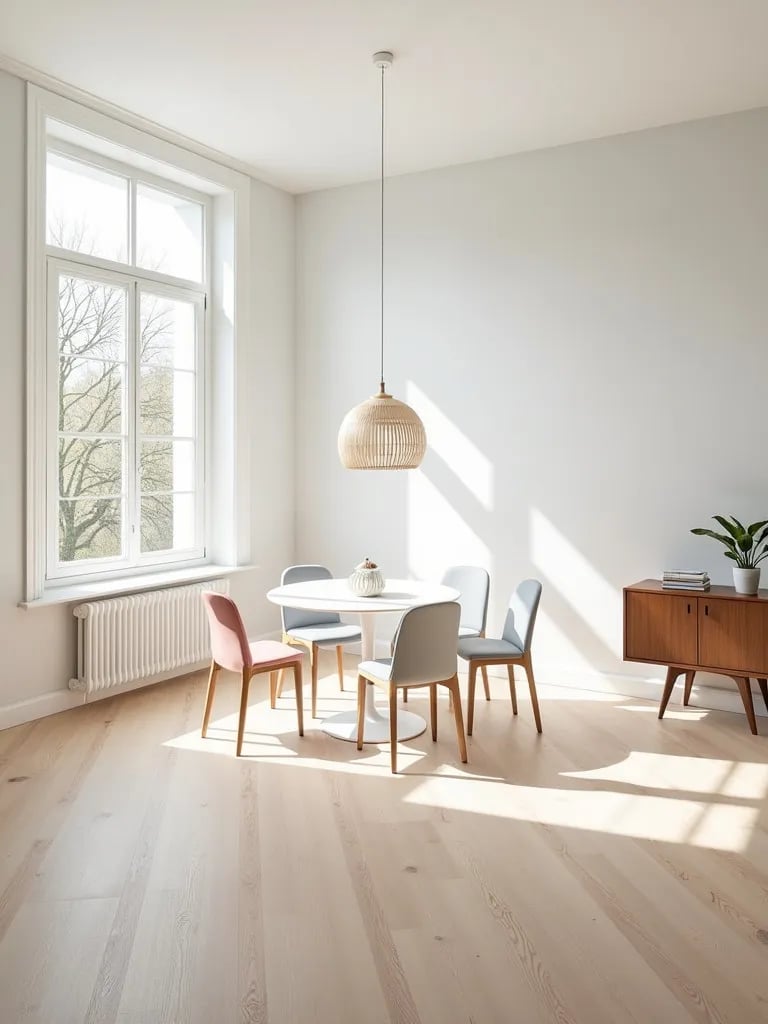 Airy dining space with light oak floors, white table, and pastel chairs