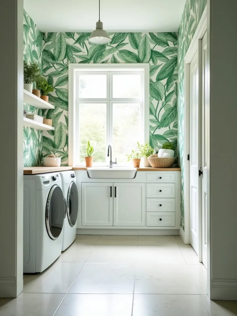 Airy laundry room decorated with green and white tropical leaf waterproof wallpaper