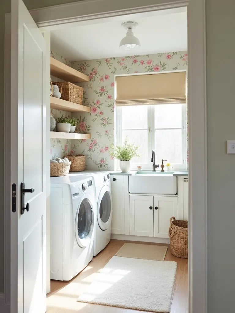Airy laundry room featuring pastel watercolor wallpaper and farmhouse sink