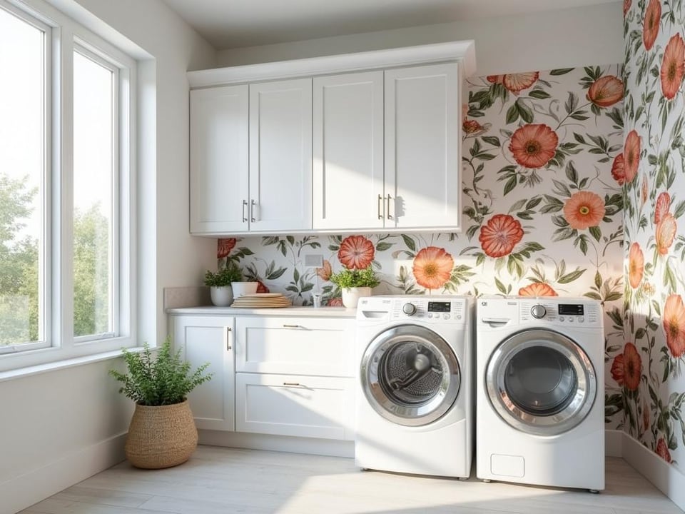 Airy laundry room featuring vibrant floral wallpaper and modern amenities