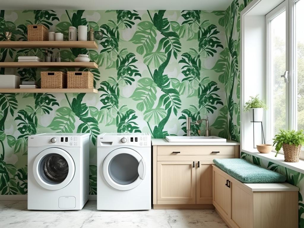 Airy laundry space with green and white tropical waterproof wallpaper