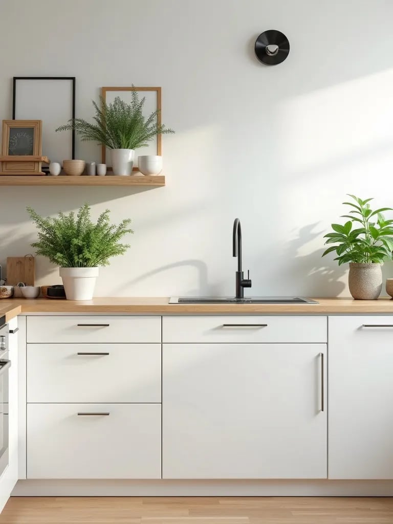 Airy white Scandinavian kitchen with wooden details and plants