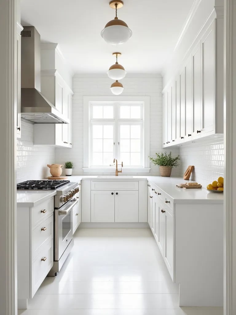 Airy white kitchen showcasing full height subway tile backsplash and modern fixtures