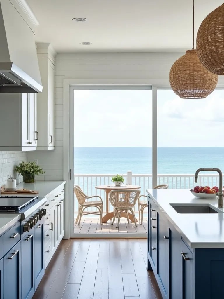 Airy white kitchen with blue accents and mixed coastal inspired lighting