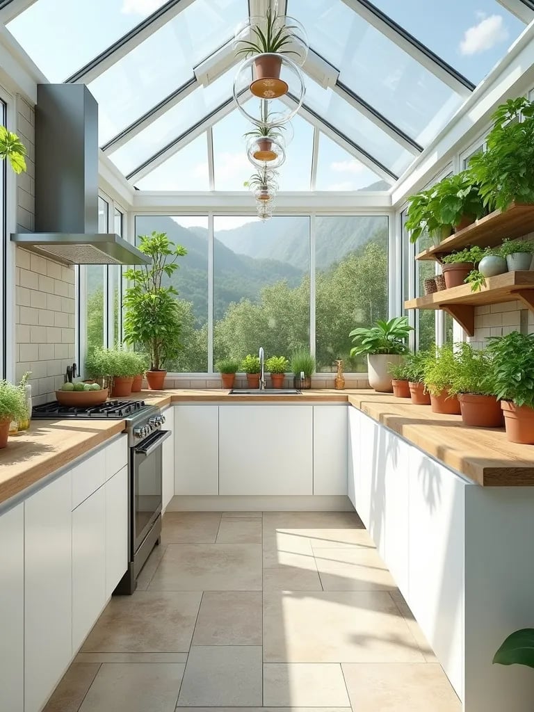 Airy white kitchen with glass ceiling, hanging plants, and herb garden