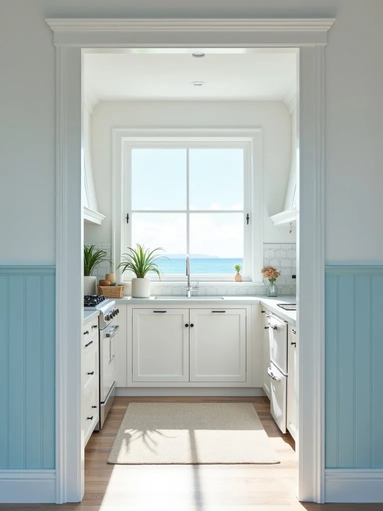 Airy white kitchen with pale blue accents and large ocean view window