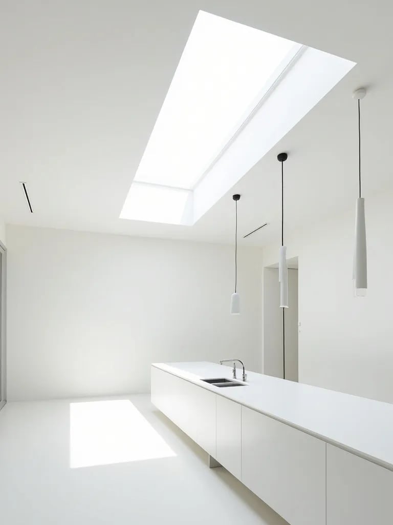 Airy white kitchen with skylight and sleek pendant lights