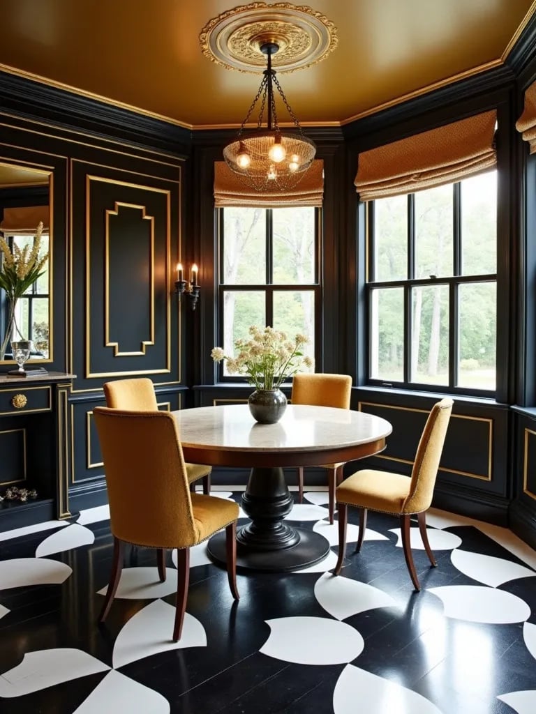 Art Deco dining room with dramatic black and white checkered vinyl flooring