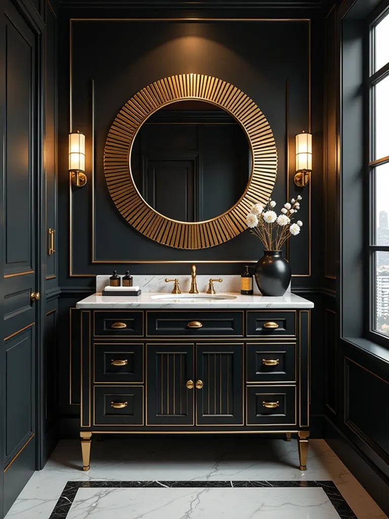 Art deco bathroom with black and gold geometric vanity and sunburst mirror