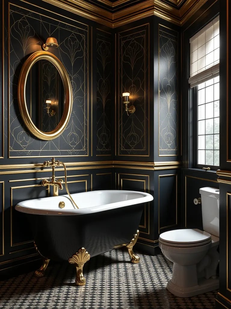 Art deco bathroom with black and gold patterns and clawfoot tub