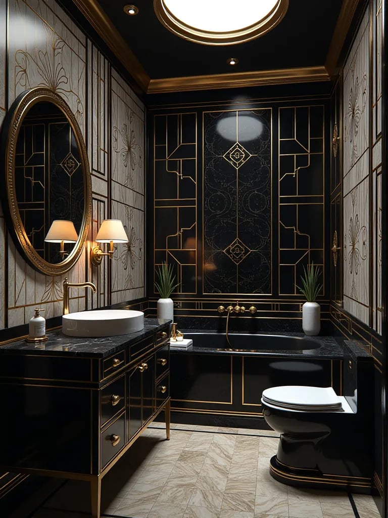 Art deco bathroom with black and gold patterns and onyx vanity
