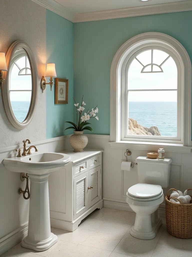 Art deco bathroom with black and gold patterns, clawfoot tub, and vintage vanity