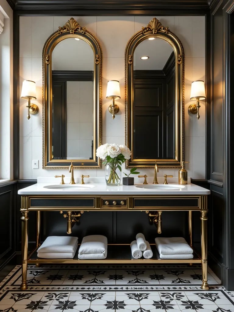Art deco bathroom with gold fixtures and geometric black and white tiles