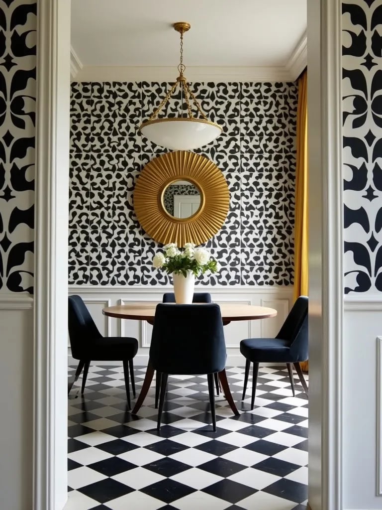 Art deco dining room with black and white checkered ceramic tile floor and gold mirror