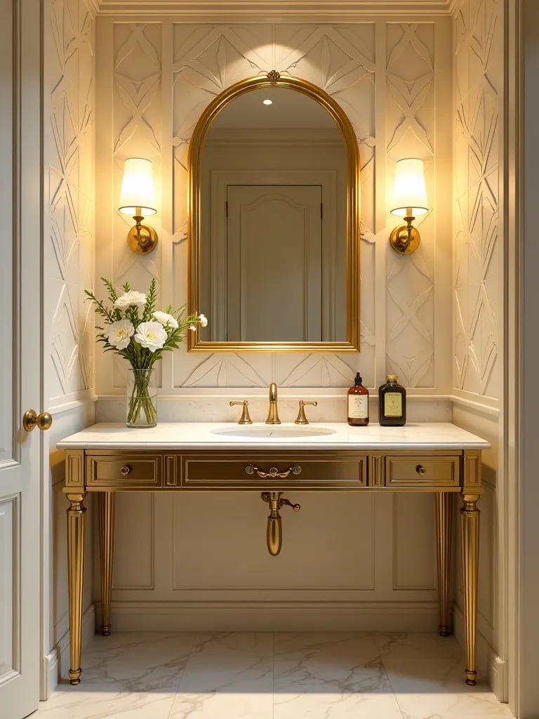 Art deco inspired bathroom featuring gold vanity and marble countertop