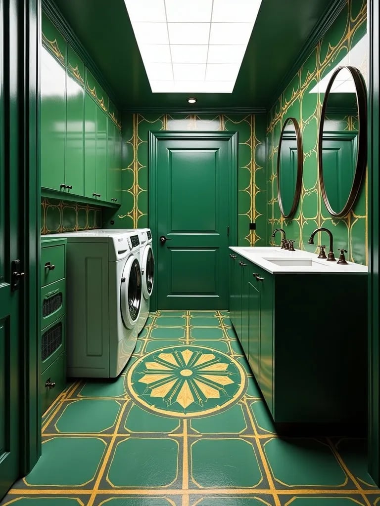 Art deco laundry room with emerald tiles and gold geometric patterns