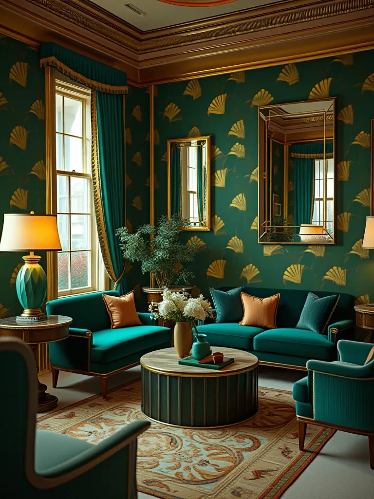 Art deco living room with gold and green fan patterned wallpaper
