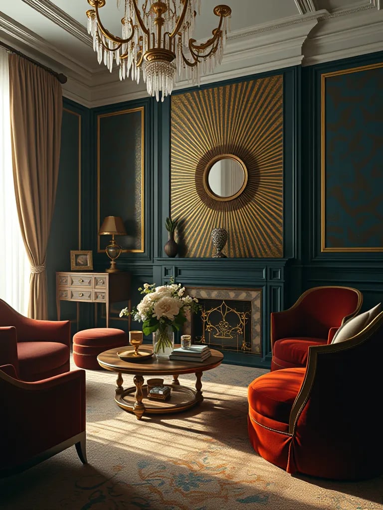 Art deco living room with gold geometric wallpaper, velvet furniture, and chandelier