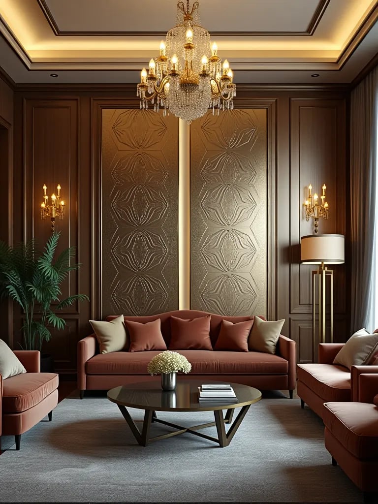 Art deco living room with shimmering metallic geometric wallpaper accent wall and luxe decor