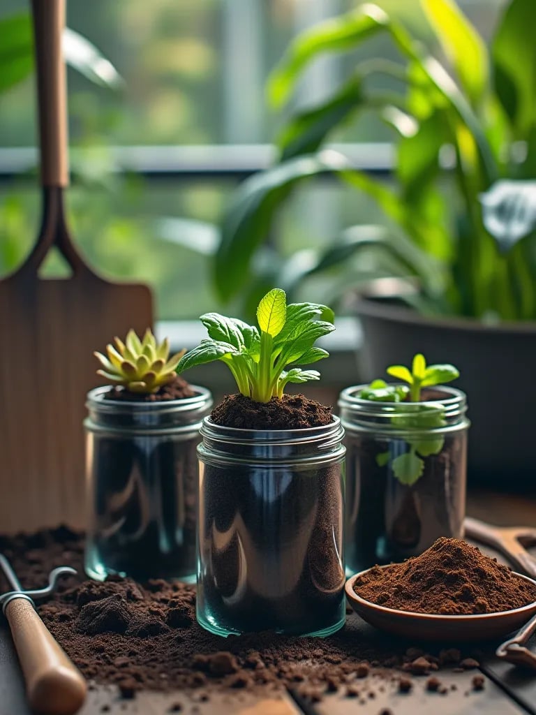 Artistic display of soil mix components in glass jars with vegetable plants in background