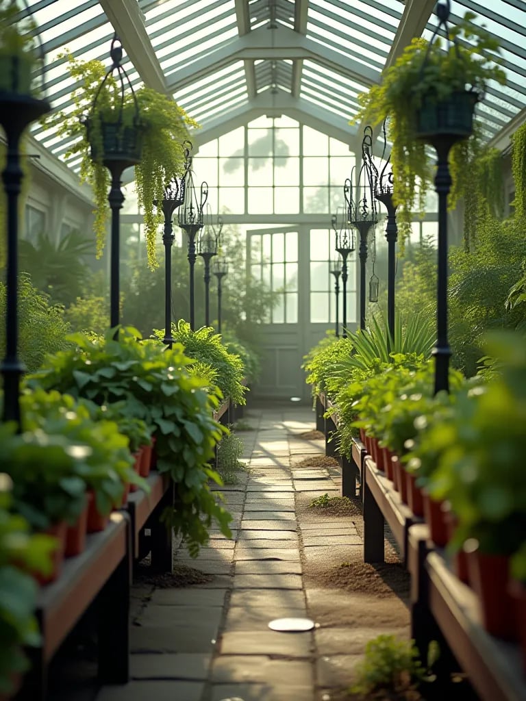 Artistic garden scene with vegetables climbing painted ladder supports