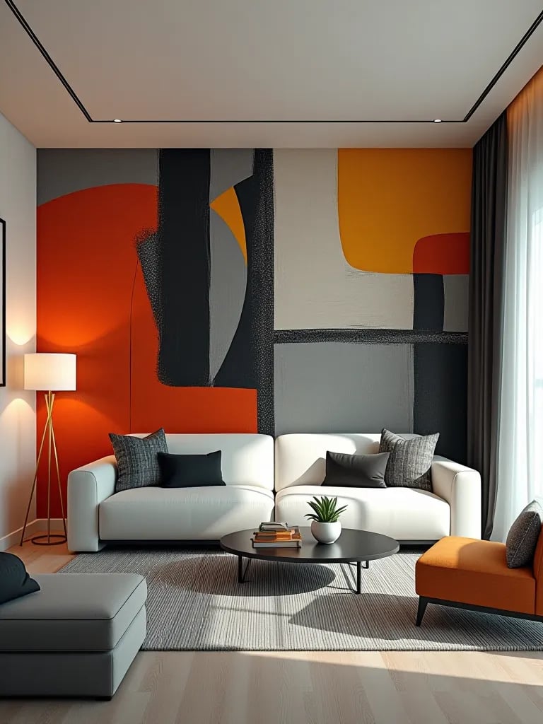 Artistic living space featuring bold abstract wallpaper and sleek decor