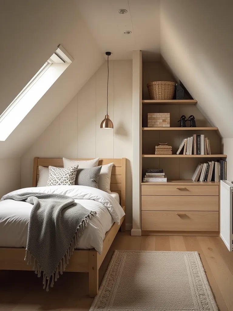 Attic bedroom with built in knee wall storage and natural skylight