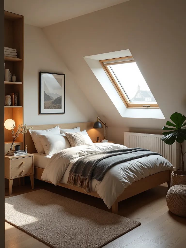 Attic bedroom with low profile bed and custom storage