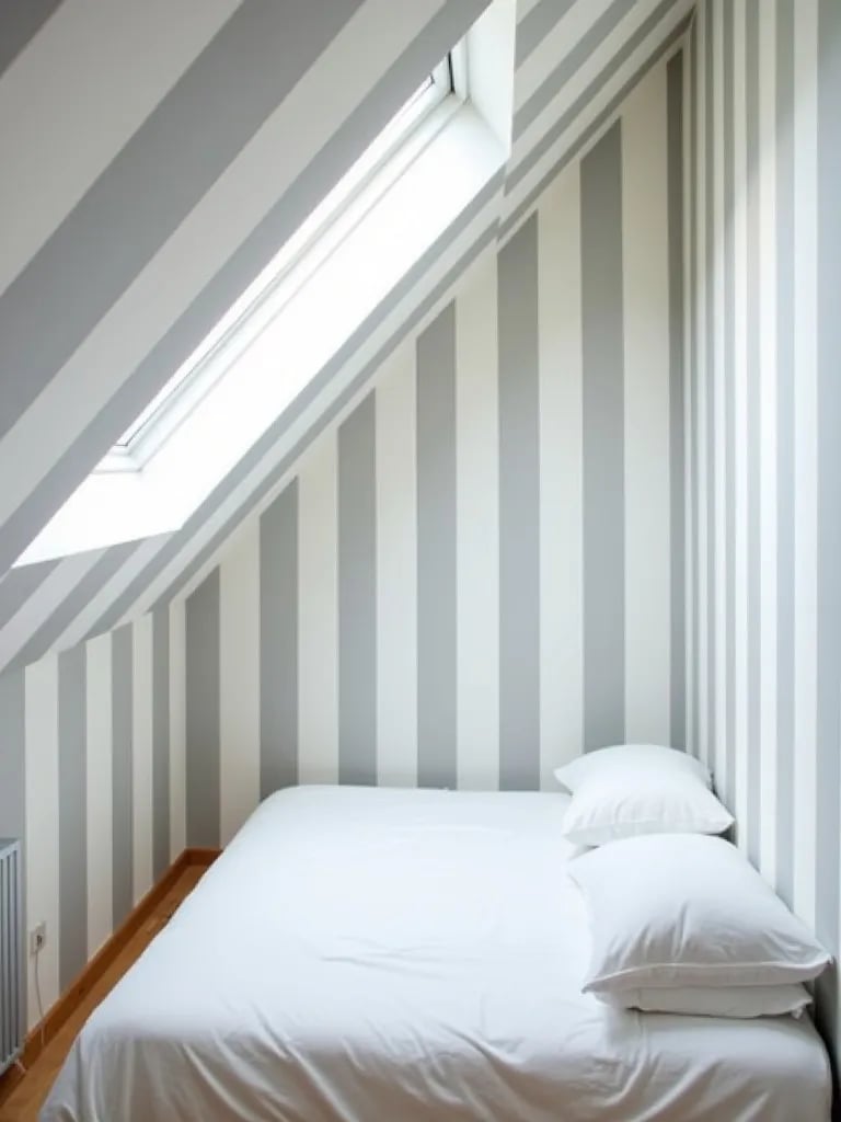 Attic bedroom with striped walls, sloped ceiling, and skylight