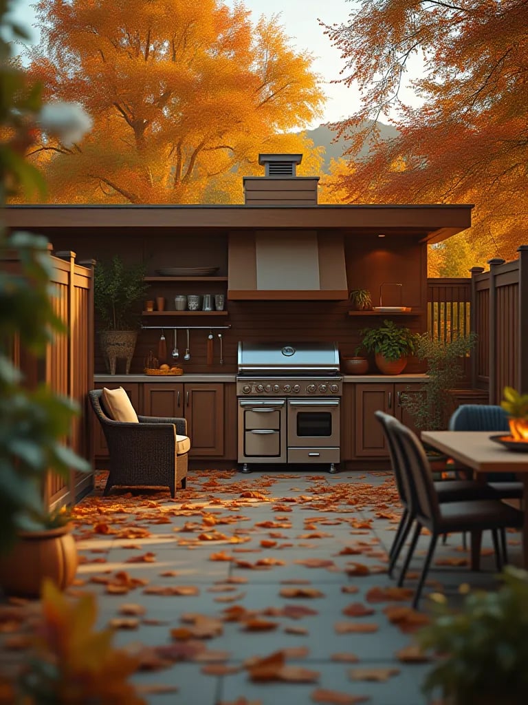 Autumn themed outdoor kitchen with clean appliances and fallen leaves