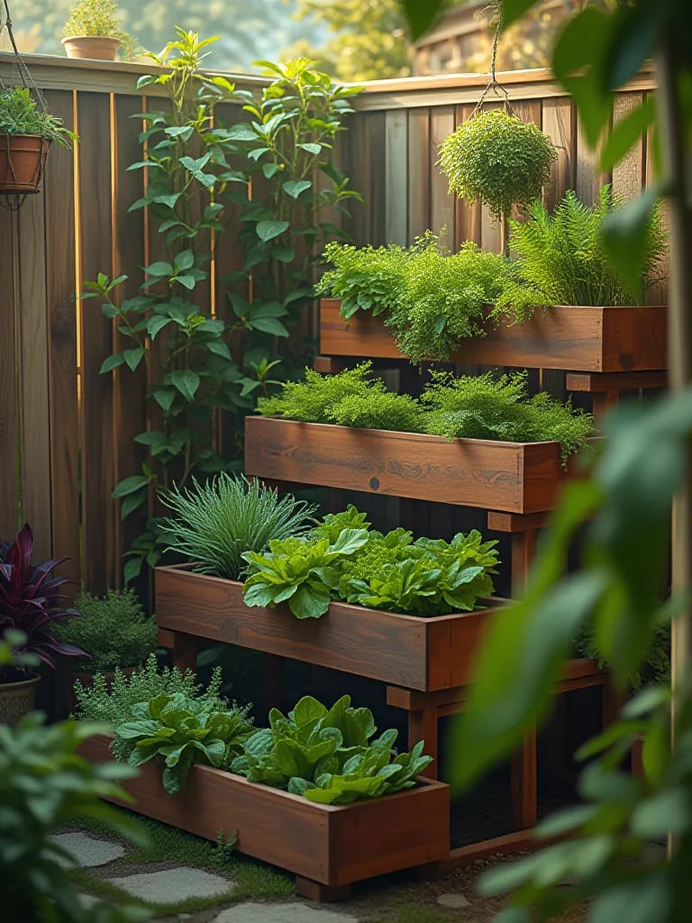 Backyard corner with tiered wooden container system growing various vegetables