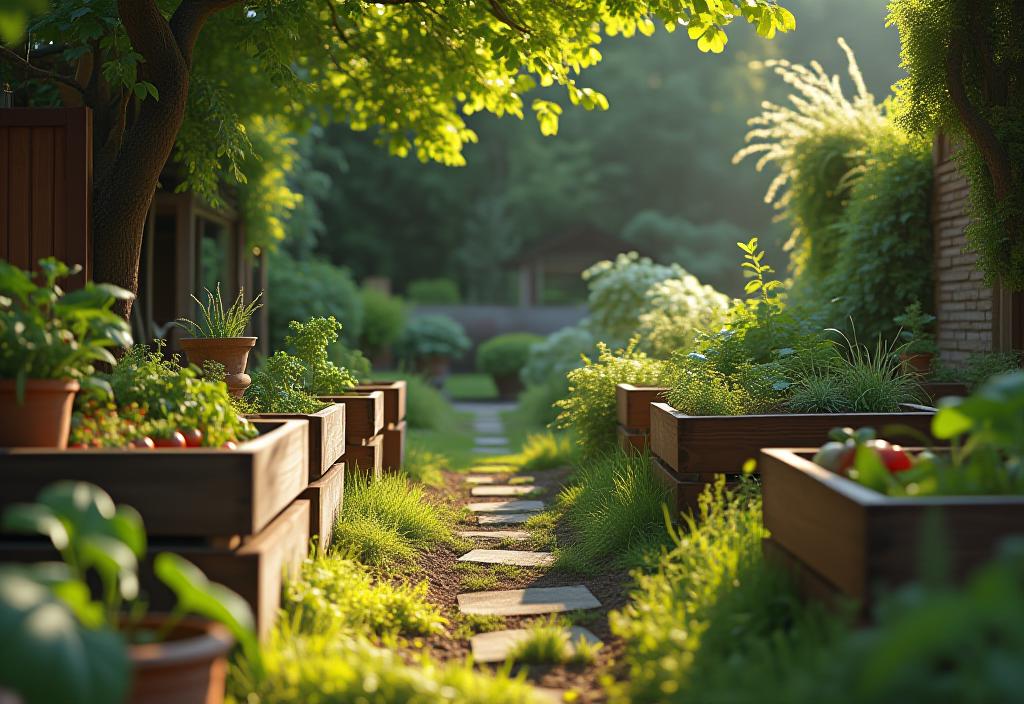 Backyard garden with wooden beds and terracotta pots growing vegetables