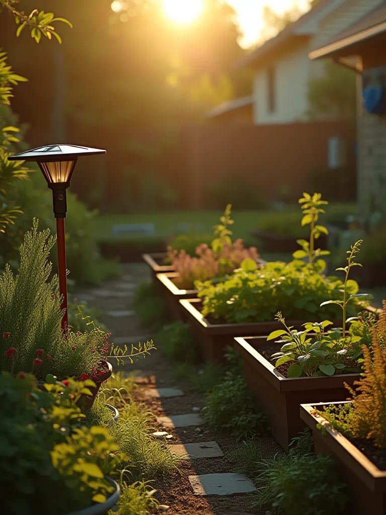 Backyard raised container beds with companion plants and solar bug zapper at sunset