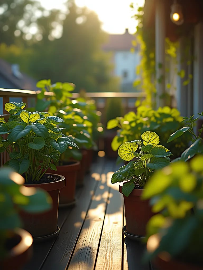 Balcony container garden with vegetables showing pest damage and natural control methods