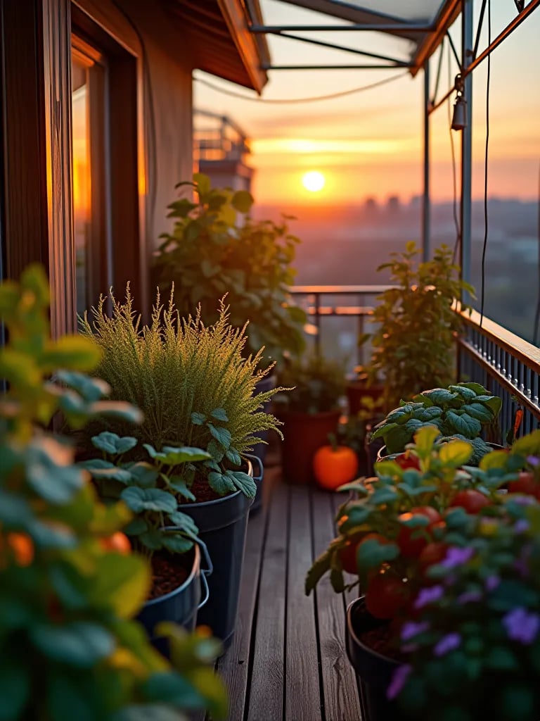 Balcony garden with containers, vegetables, frost covers, and grow lights at sunset