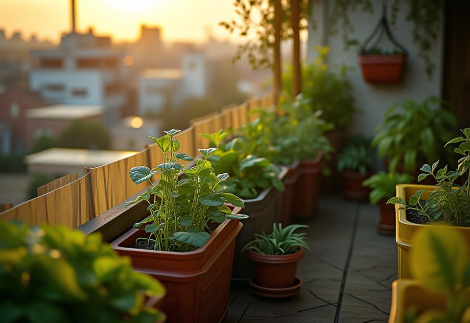 Balcony garden with vegetable containers and pest control methods