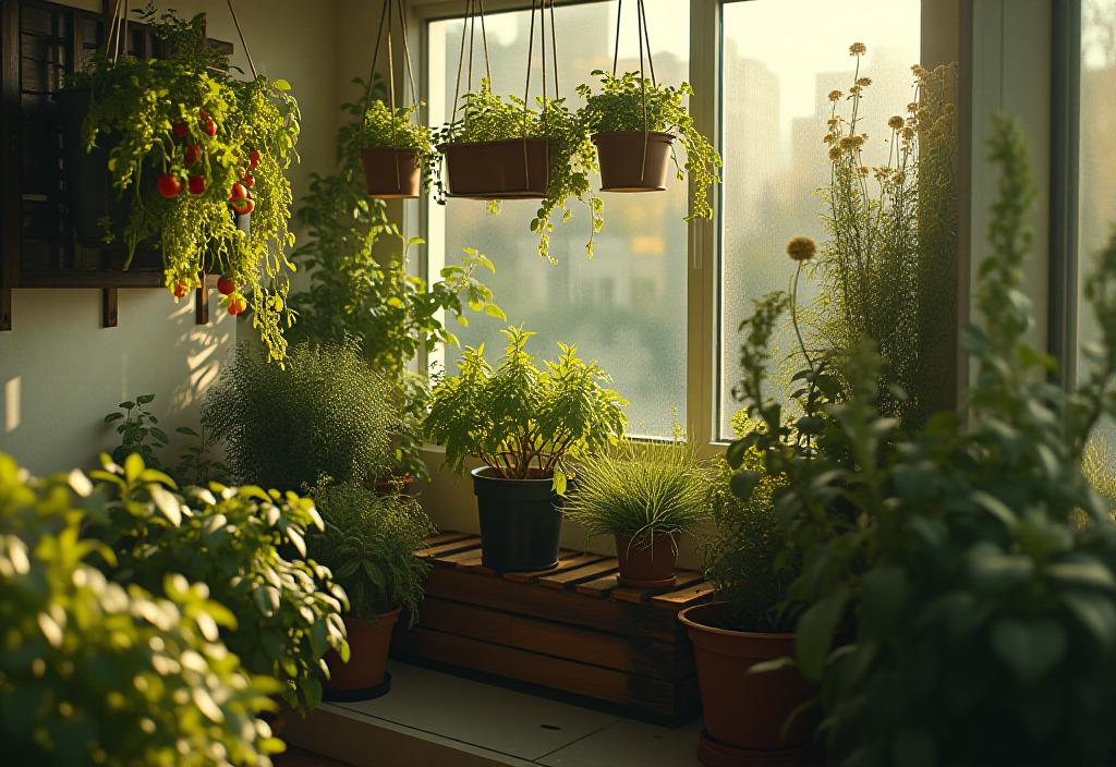 Balcony with hanging tomatoes, vertical herbs, and compost bin in morning light