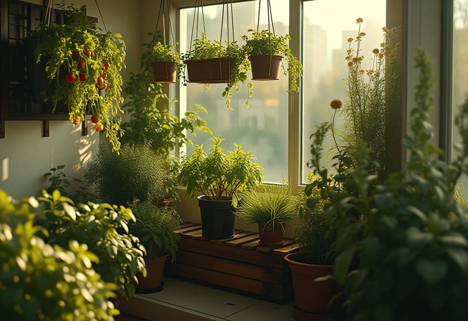 Balcony with hanging tomatoes, vertical herbs, and compost bin in morning light