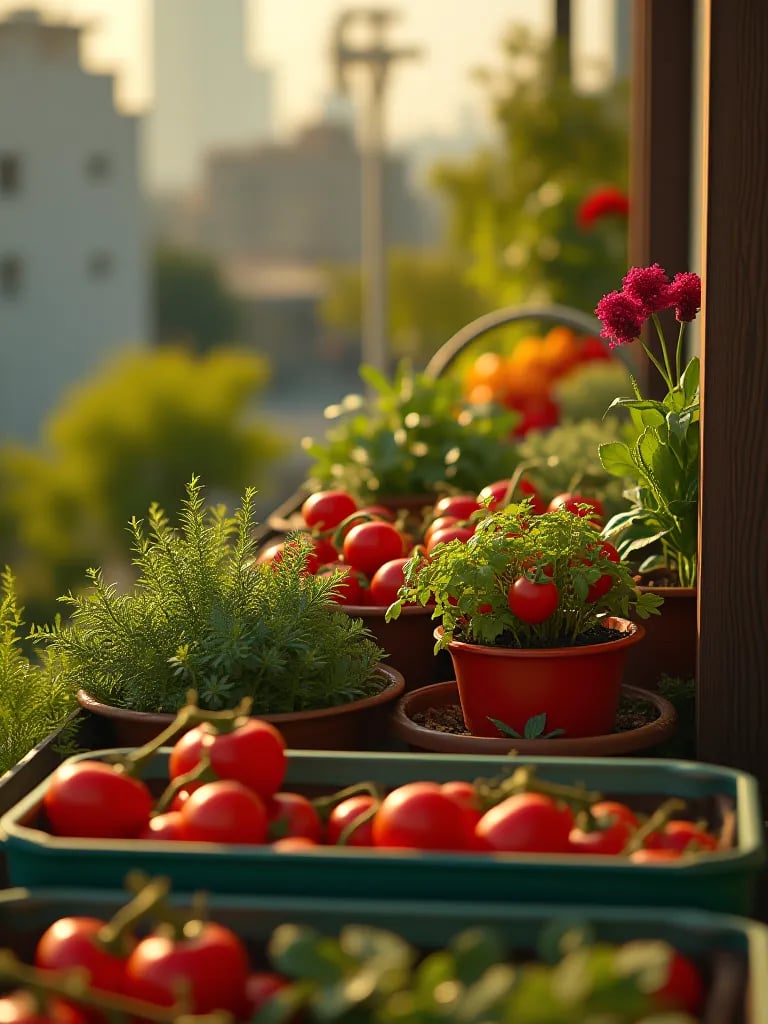 Balcony with various vegetable containers in warm evening light