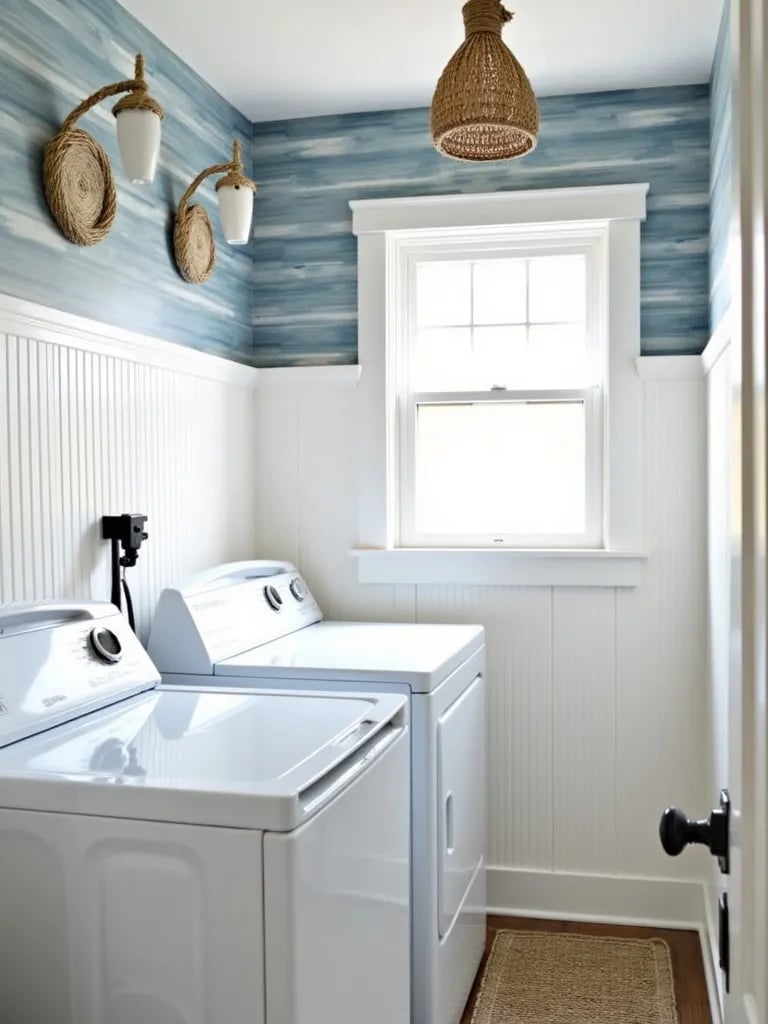 Beach inspired laundry area with white beadboard and striped walls