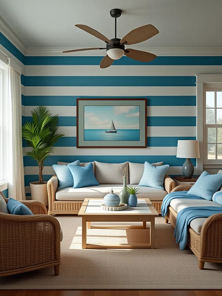 Beach inspired living room featuring striped wallpaper and wicker furniture