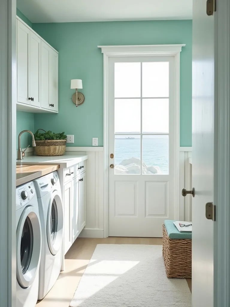 Beach like laundry room with soft aqua walls and nautical details